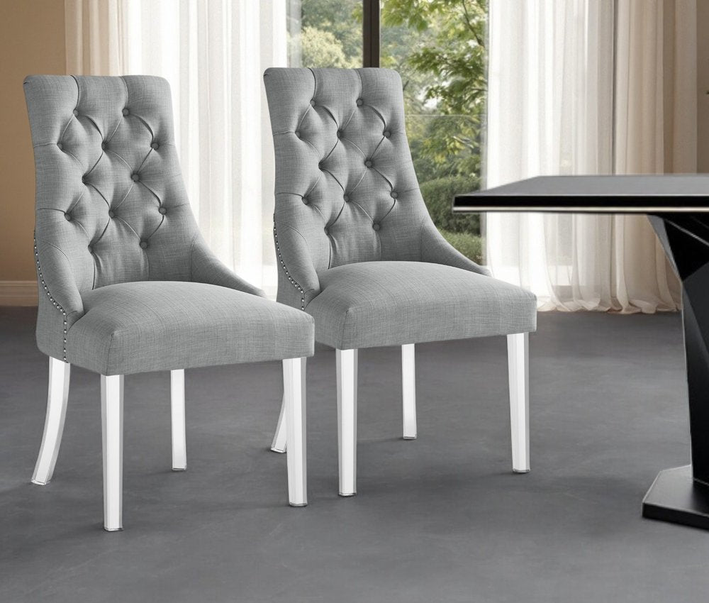 Set of Two Tufted Light Gray and Clear Upholstered Linen Dining Side Chairs HomeRoots