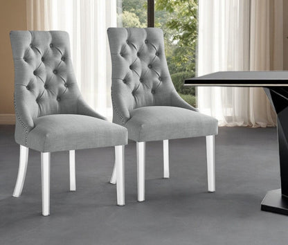Set of Two Tufted Light Gray and Clear Upholstered Linen Dining Side Chairs HomeRoots