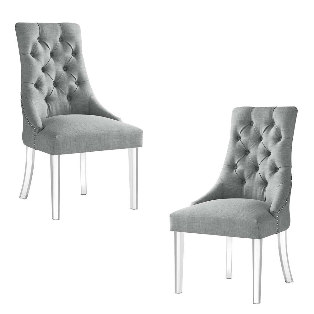 Set of Two Tufted Light Gray and Clear Upholstered Linen Dining Side Chairs HomeRoots