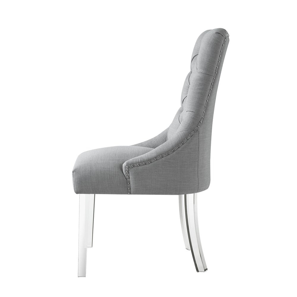 Set of Two Tufted Light Gray and Clear Upholstered Linen Dining Side Chairs HomeRoots