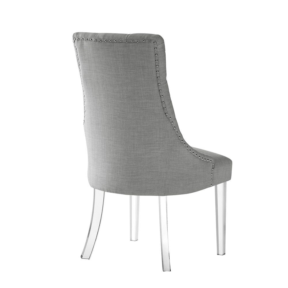 Set of Two Tufted Light Gray and Clear Upholstered Linen Dining Side Chairs HomeRoots