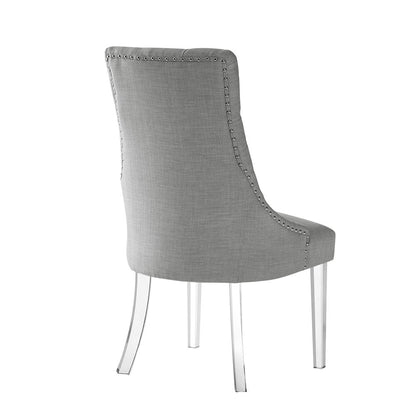Set of Two Tufted Light Gray and Clear Upholstered Linen Dining Side Chairs HomeRoots