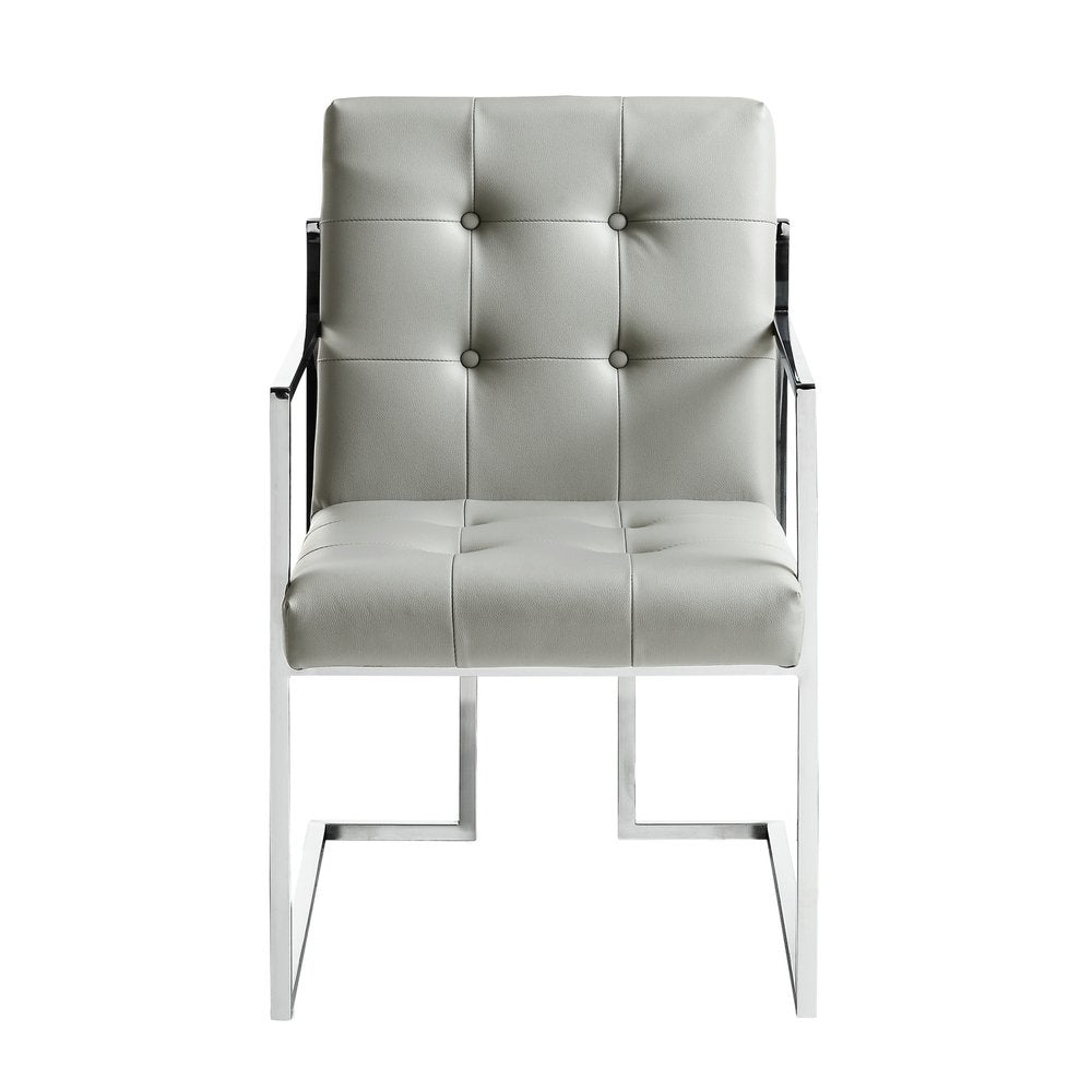 Set of Two Tufted Light Gray and Silver Metallic Upholstered Faux Leather Dining Arm Chairs — view 9