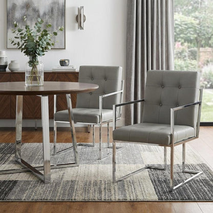 Set of Two Tufted Light Gray and Silver Metallic Upholstered Faux Leather Dining Arm Chairs HomeRoots