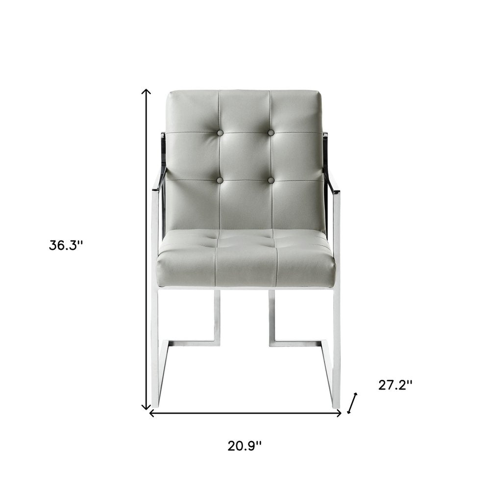 Set of Two Tufted Light Gray and Silver Metallic Upholstered Faux Leather Dining Arm Chairs — view 10