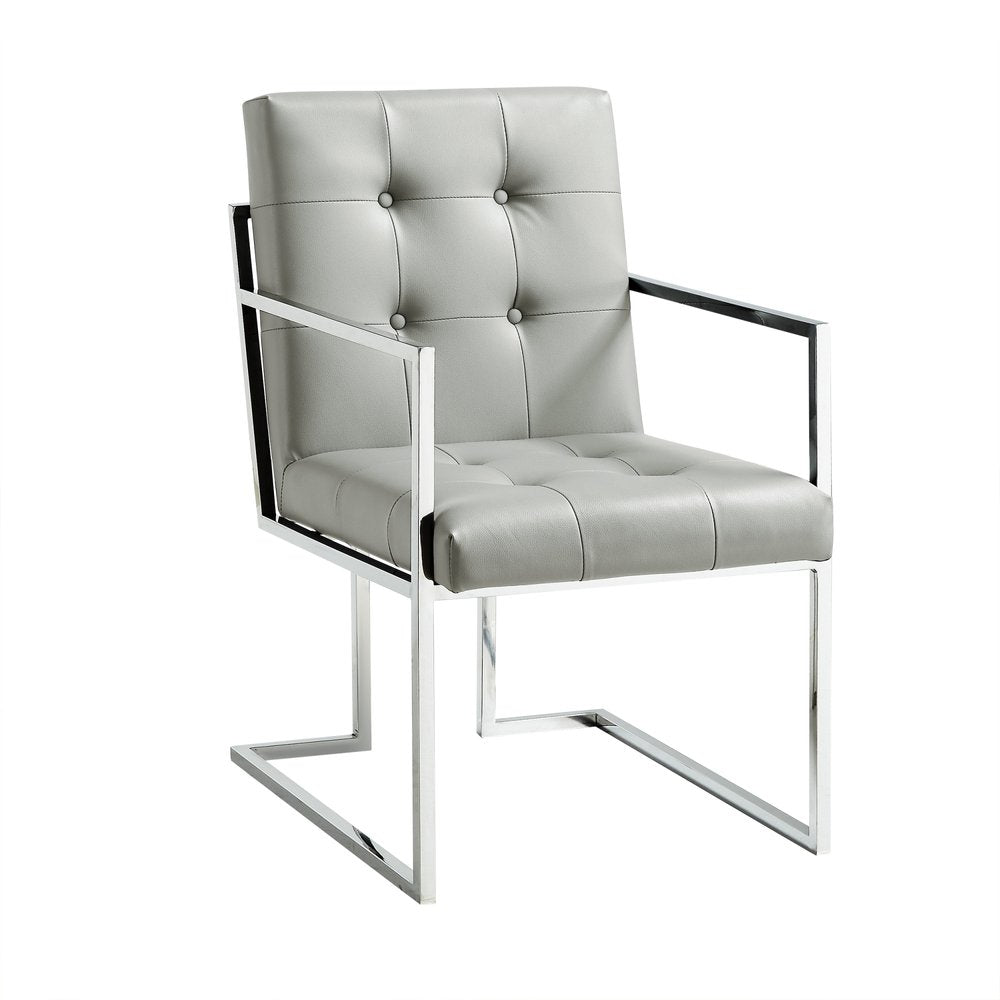 Set of Two Tufted Light Gray and Silver Metallic Upholstered Faux Leather Dining Arm Chairs — view 5