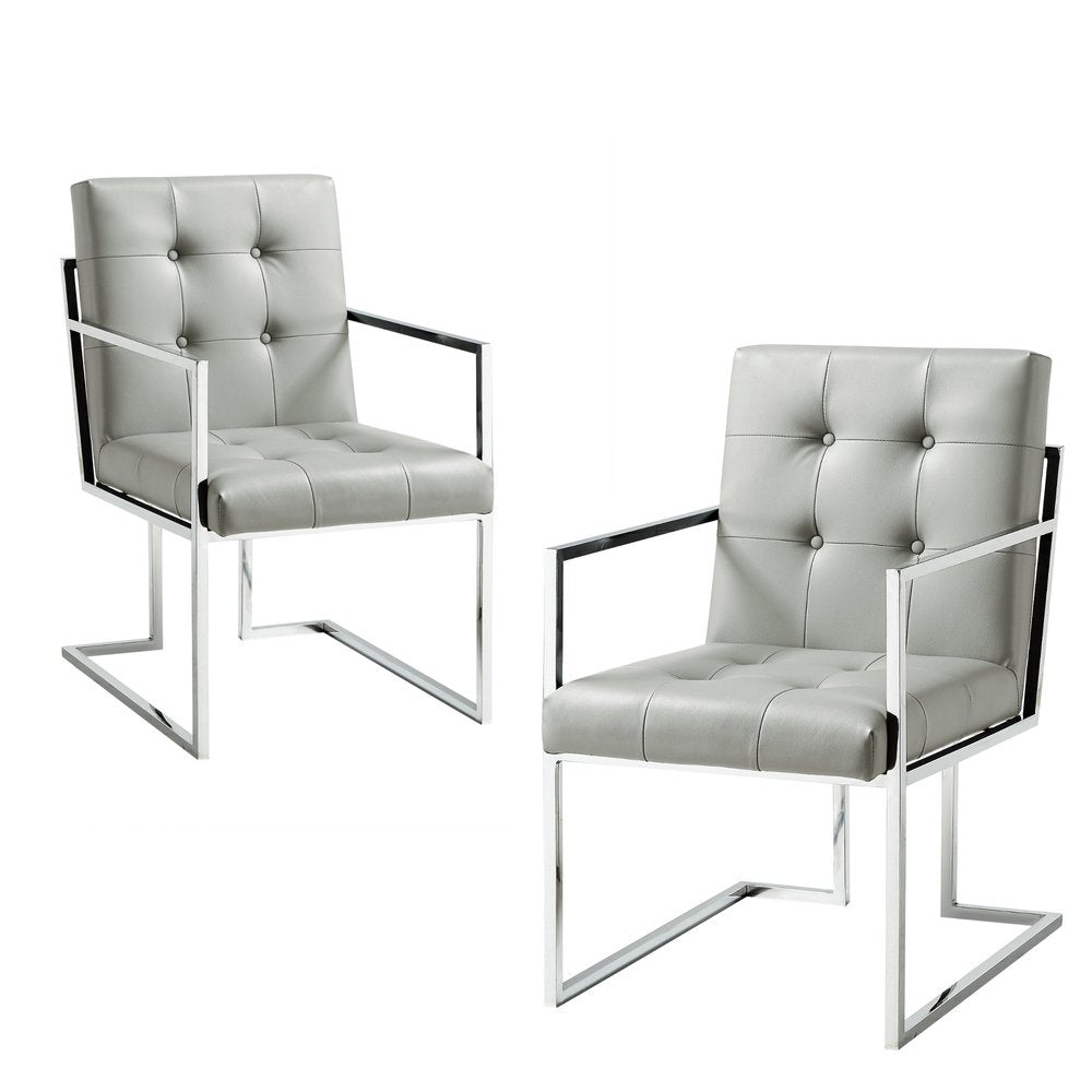 Set of Two Tufted Light Gray and Silver Metallic Upholstered Faux Leather Dining Arm Chairs — view 2