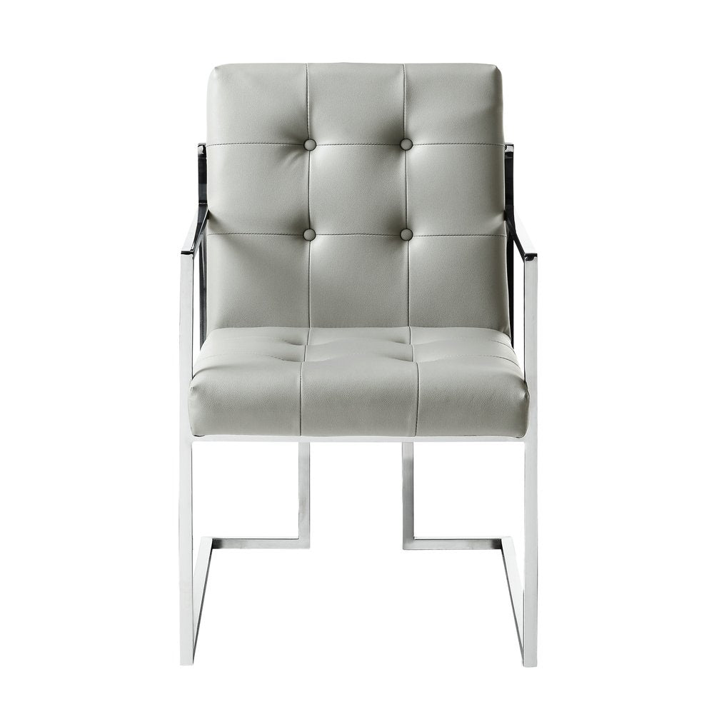 Set of Two Tufted Light Gray and Silver Metallic Upholstered Faux Leather Dining Arm Chairs HomeRoots