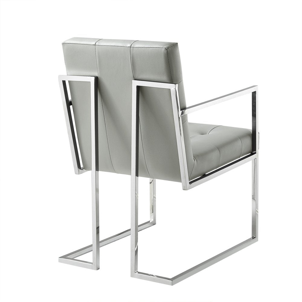 Set of Two Tufted Light Gray and Silver Metallic Upholstered Faux Leather Dining Arm Chairs — view 6