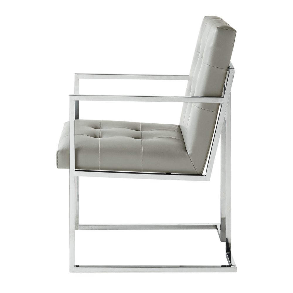 Set of Two Tufted Light Gray and Silver Metallic Upholstered Faux Leather Dining Arm Chairs — view 8