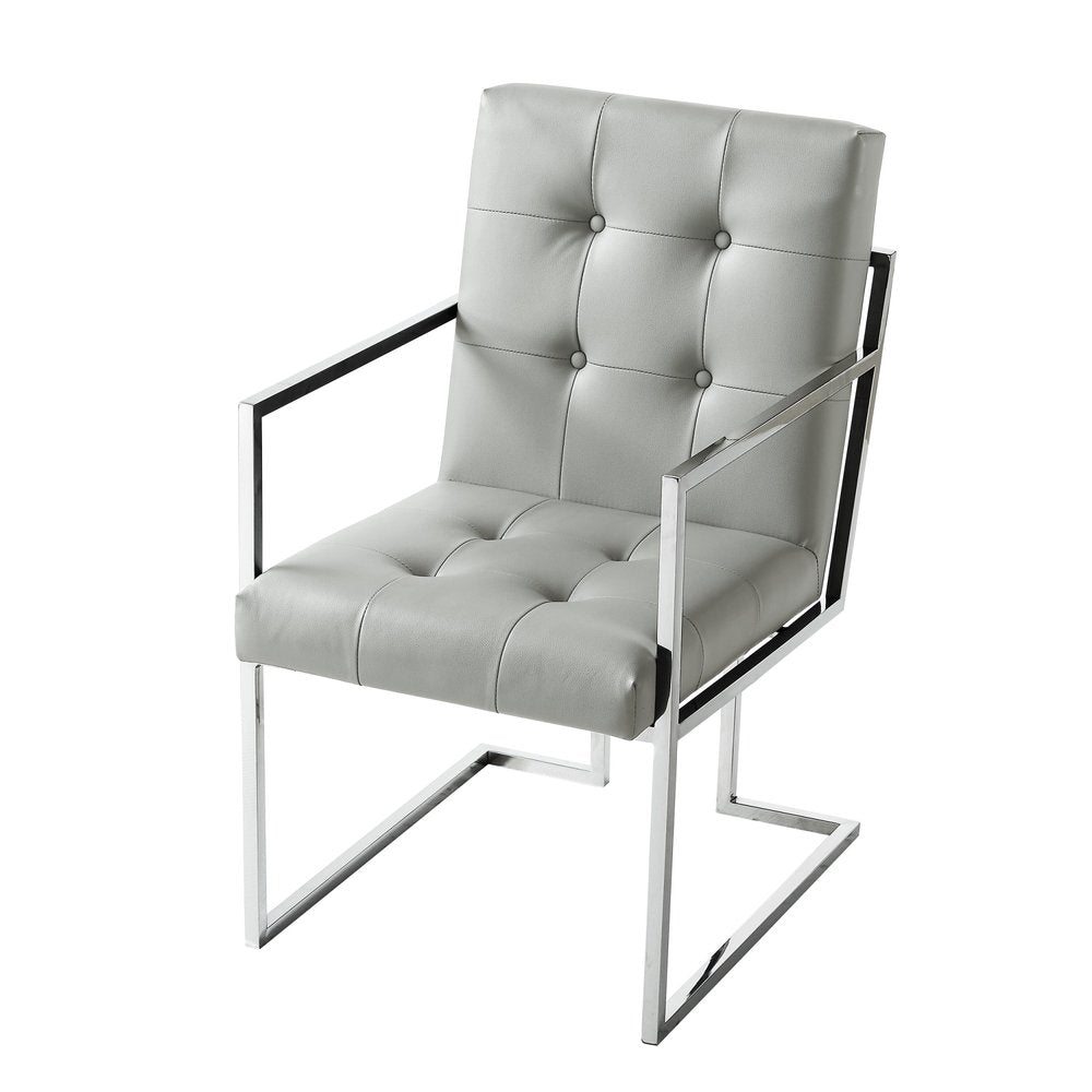 Set of Two Tufted Light Gray and Silver Metallic Upholstered Faux Leather Dining Arm Chairs — view 7