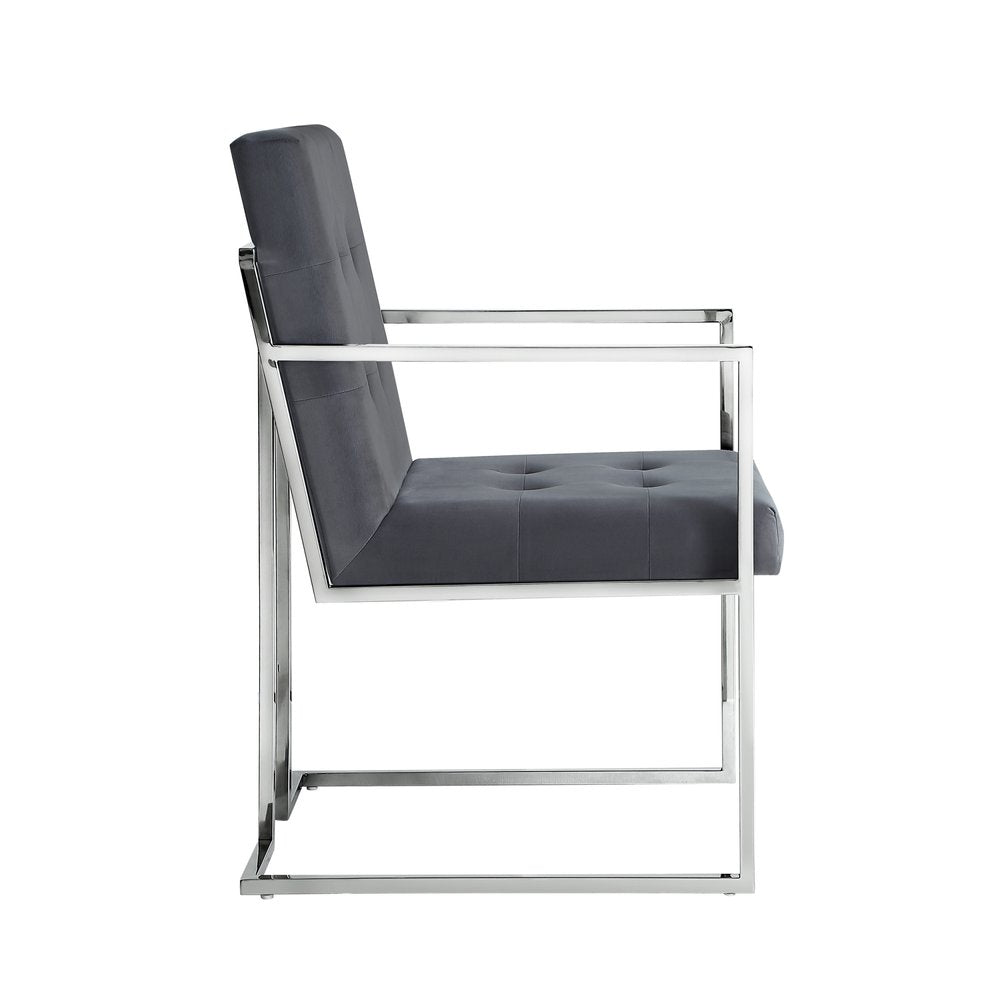Set of Two Tufted Gray and Silver Metallic Upholstered Velvet Dining Arm Chairs — view 4