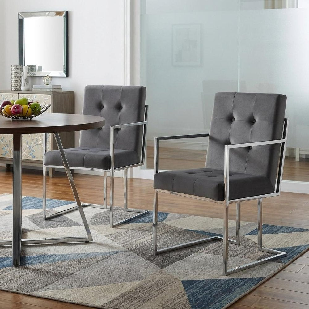 Set of Two Tufted Gray and Silver Metallic Upholstered Velvet Dining Arm Chairs — view 1