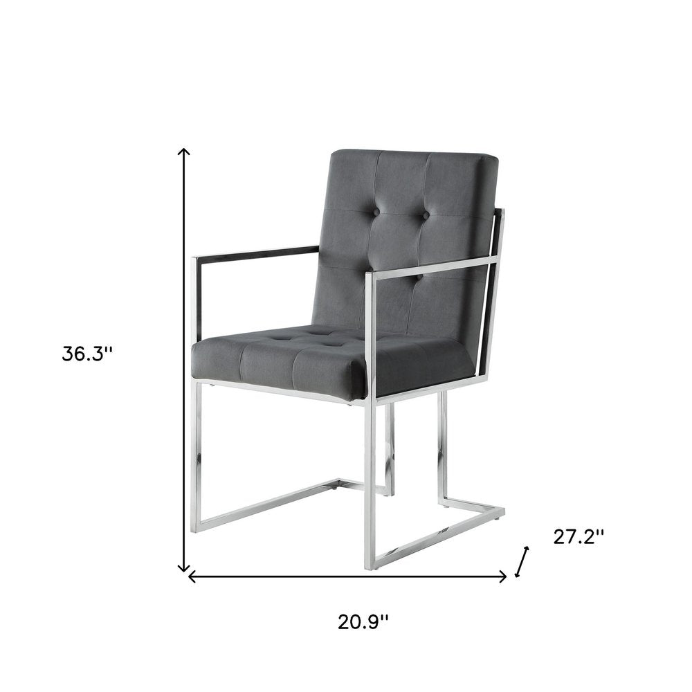 Set of Two Tufted Gray and Silver Metallic Upholstered Velvet Dining Arm Chairs — view 11