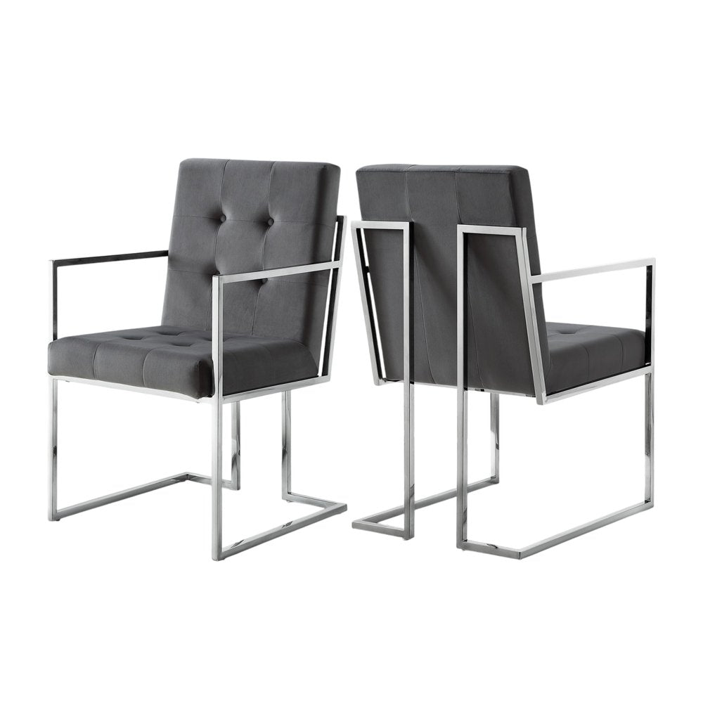 Set of Two Tufted Gray and Silver Metallic Upholstered Velvet Dining Arm Chairs — view 2