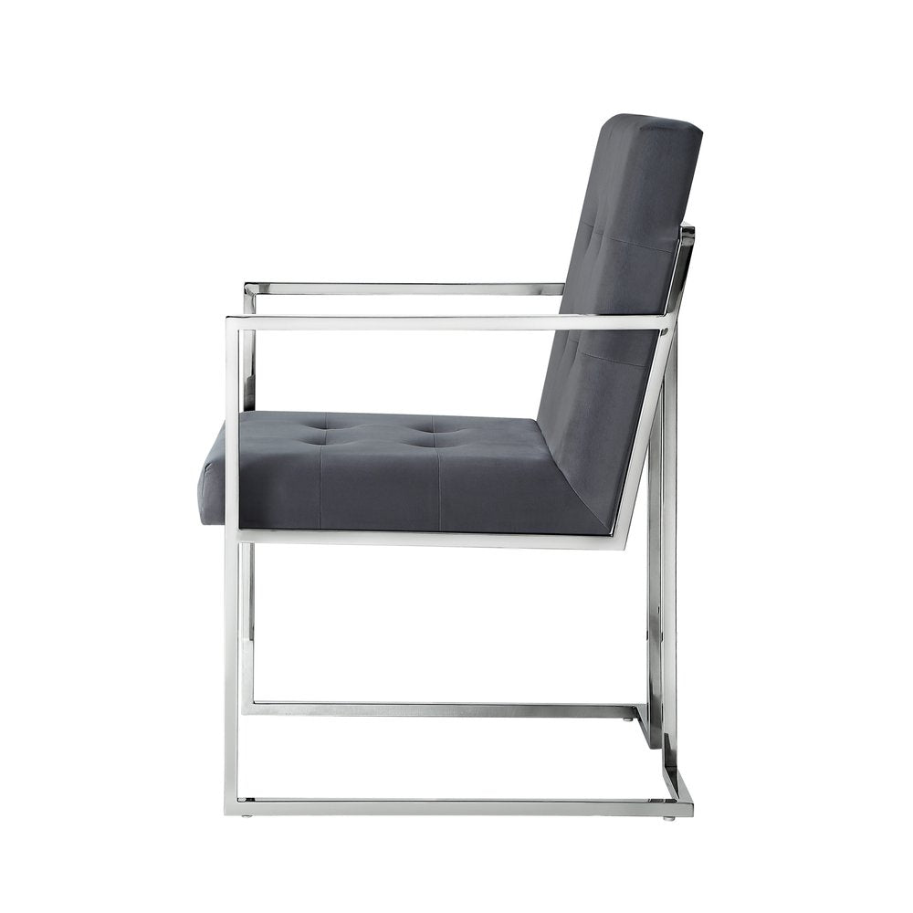 Set of Two Tufted Gray and Silver Metallic Upholstered Velvet Dining Arm Chairs — view 7