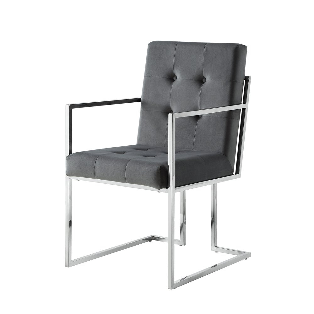 Set of Two Tufted Gray and Silver Metallic Upholstered Velvet Dining Arm Chairs HomeRoots