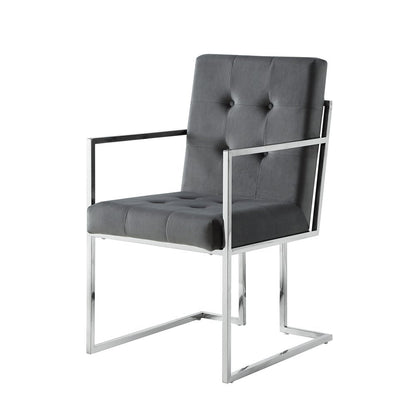 Set of Two Tufted Gray and Silver Metallic Upholstered Velvet Dining Arm Chairs HomeRoots
