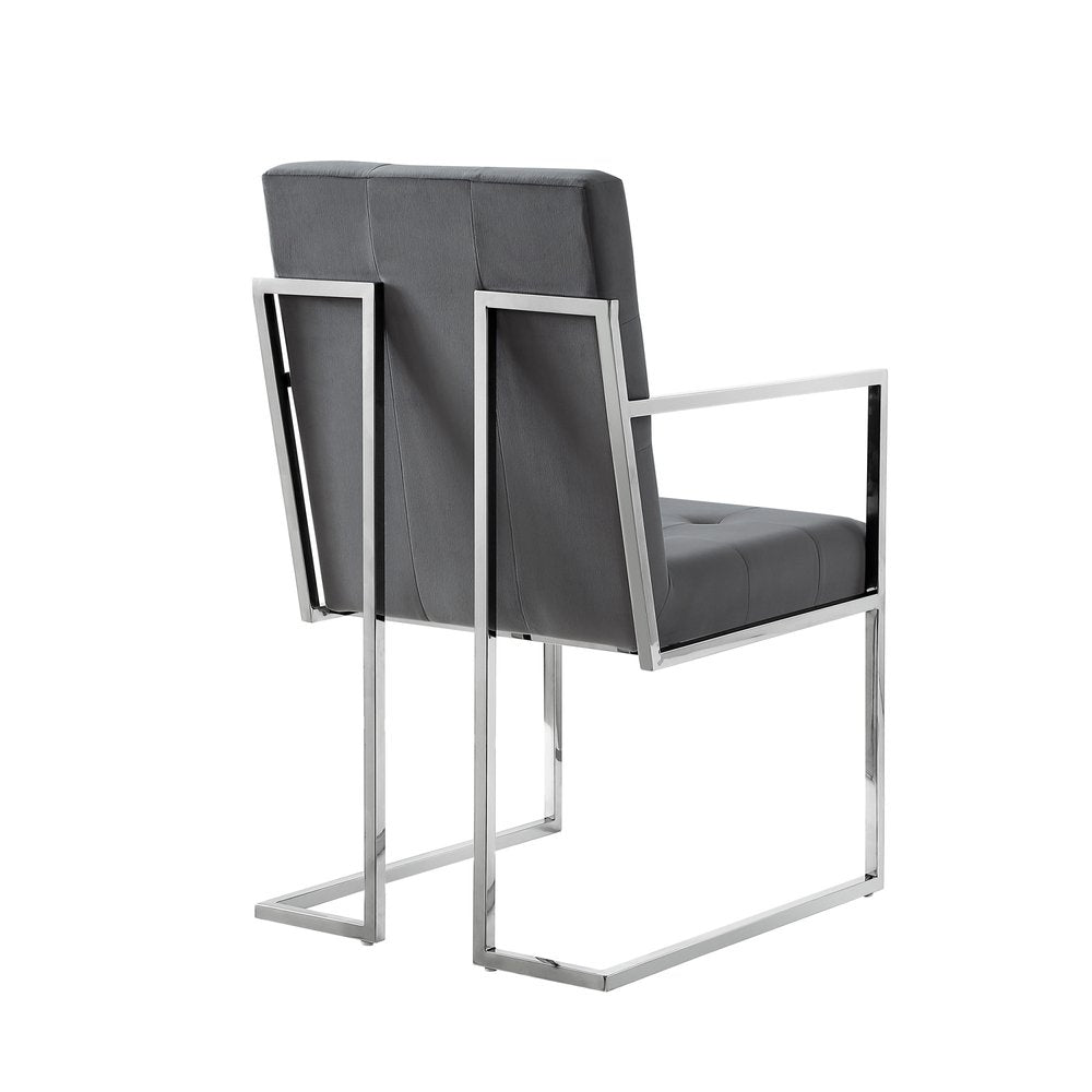 Set of Two Tufted Gray and Silver Metallic Upholstered Velvet Dining Arm Chairs — view 3