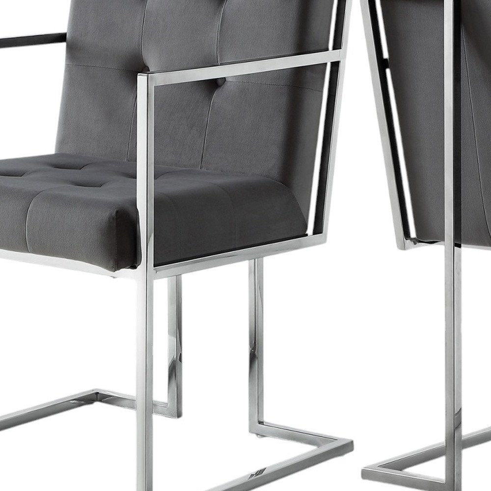 Set of Two Tufted Gray and Silver Metallic Upholstered Velvet Dining Arm Chairs — view 9