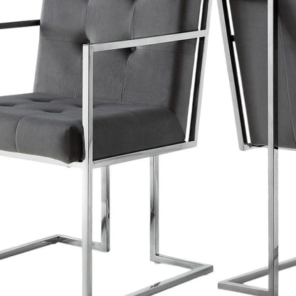 Set of Two Tufted Gray and Silver Metallic Upholstered Velvet Dining Arm Chairs HomeRoots