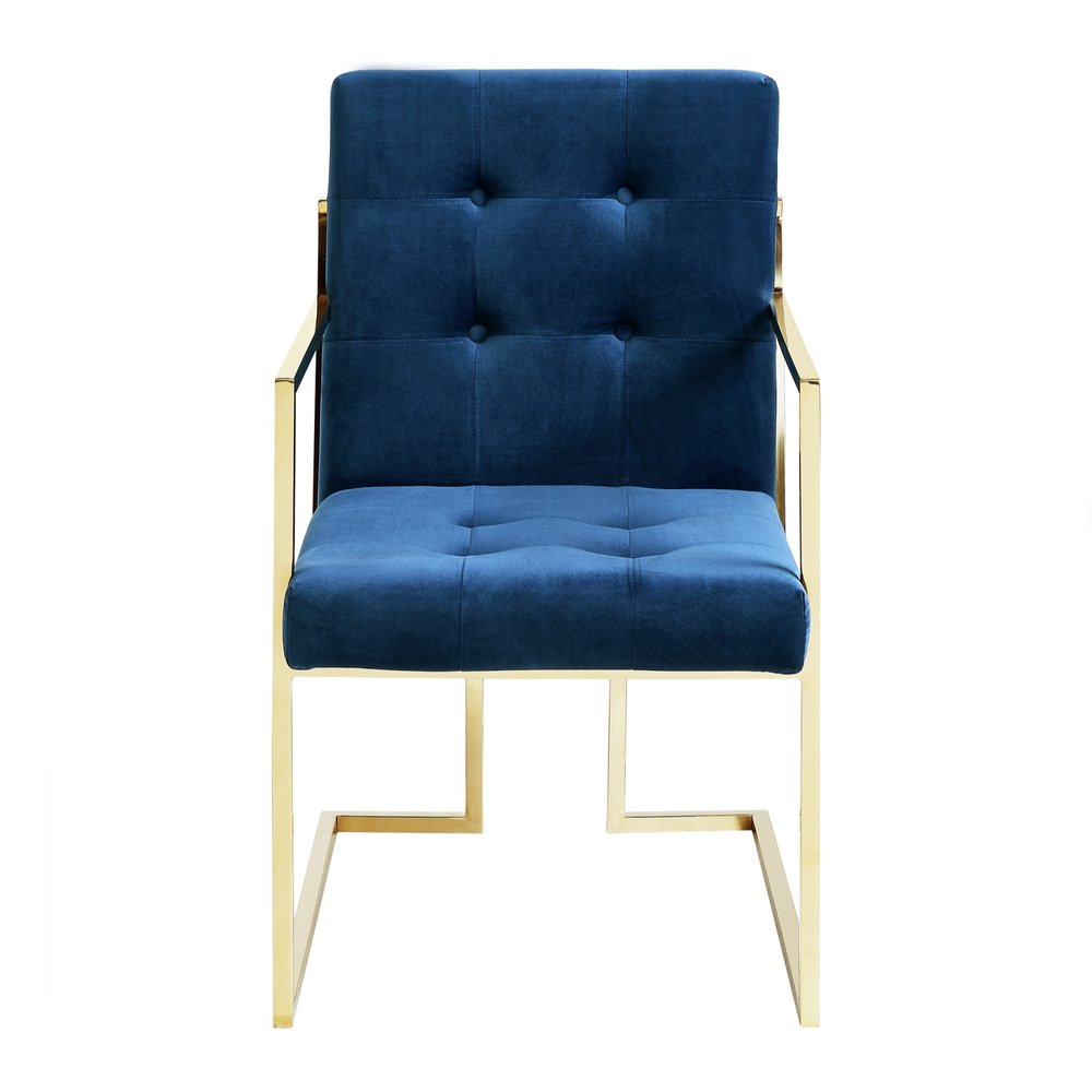 Set of Two Tufted Navy Blue and Gold Upholstered Velvet Dining Arm Chairs — view 9