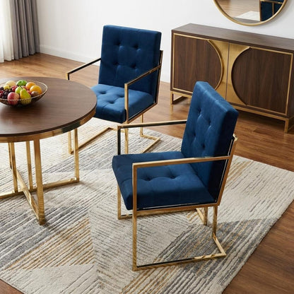 Set of Two Tufted Navy Blue and Gold Upholstered Velvet Dining Arm Chairs HomeRoots