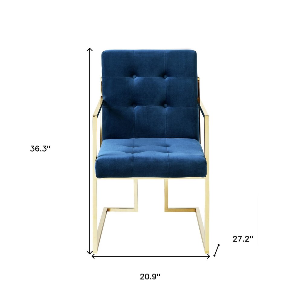Set of Two Tufted Navy Blue and Gold Upholstered Velvet Dining Arm Chairs — view 10