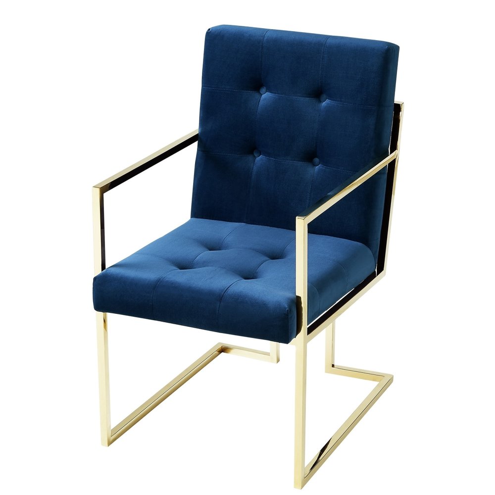 Set of Two Tufted Navy Blue and Gold Upholstered Velvet Dining Arm Chairs — view 6