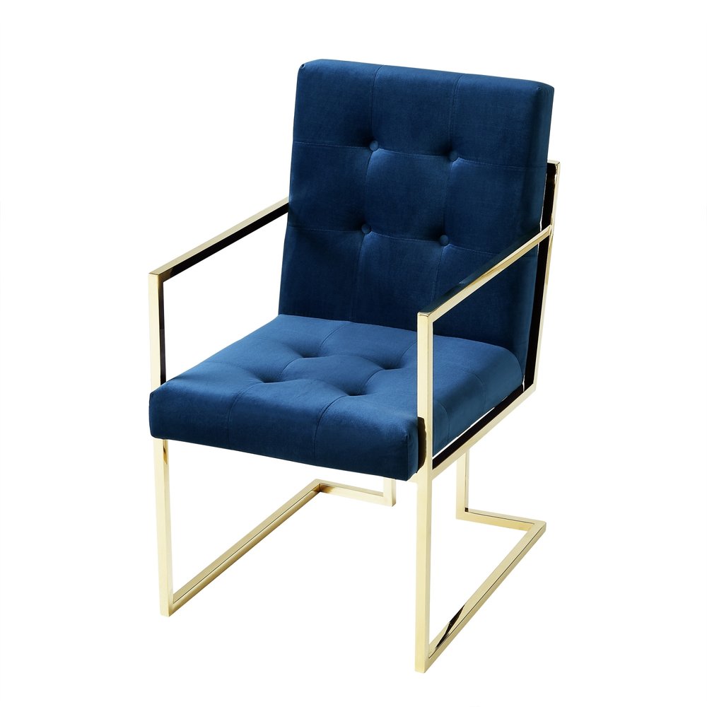 Set of Two Tufted Navy Blue and Gold Upholstered Velvet Dining Arm Chairs — view 7