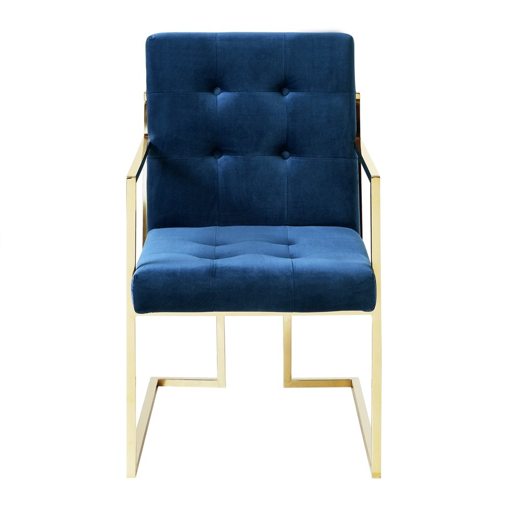 Set of Two Tufted Navy Blue and Gold Upholstered Velvet Dining Arm Chairs — view 4