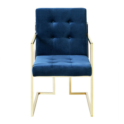 Set of Two Tufted Navy Blue and Gold Upholstered Velvet Dining Arm Chairs HomeRoots