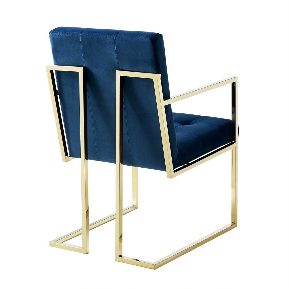 Set of Two Tufted Navy Blue and Gold Upholstered Velvet Dining Arm Chairs — view 3