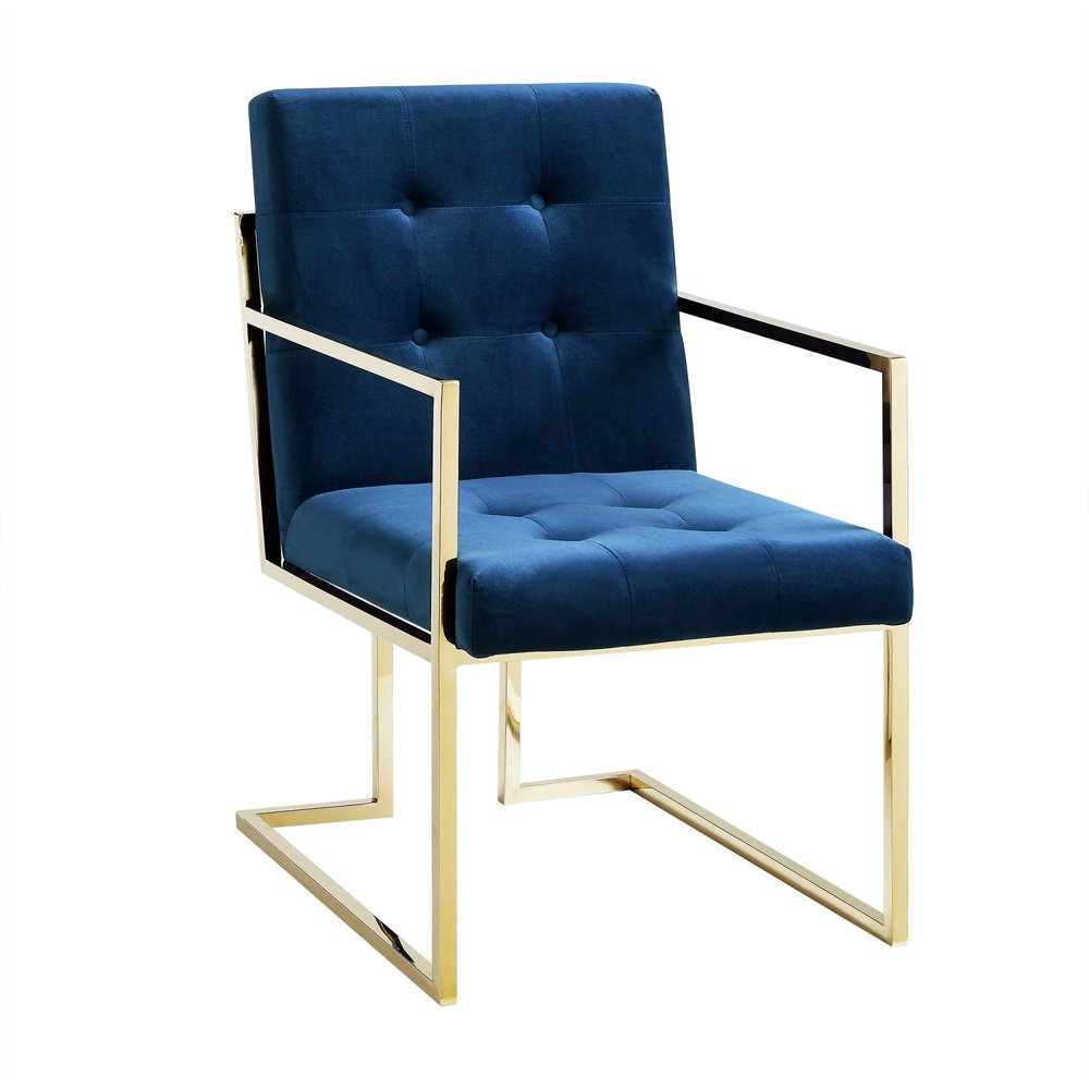 Set of Two Tufted Navy Blue and Gold Upholstered Velvet Dining Arm Chairs — view 5