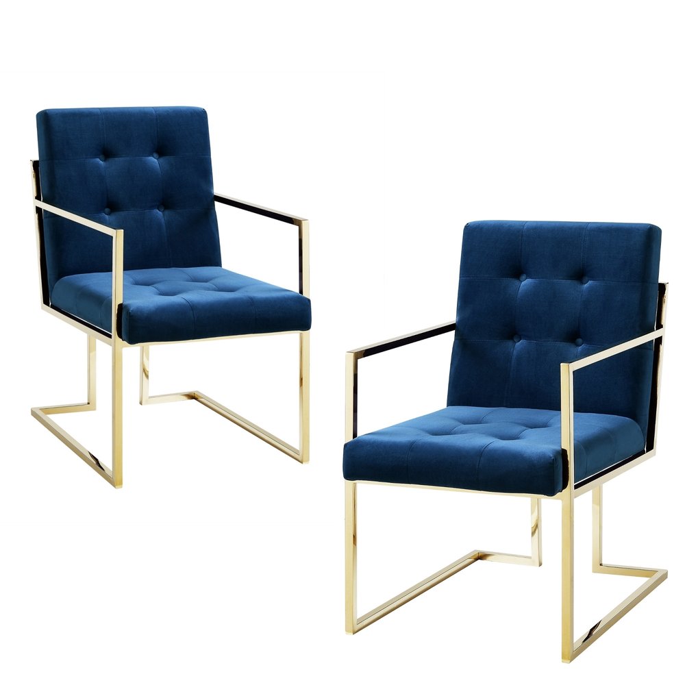 Set of Two Tufted Navy Blue and Gold Upholstered Velvet Dining Arm Chairs — view 2