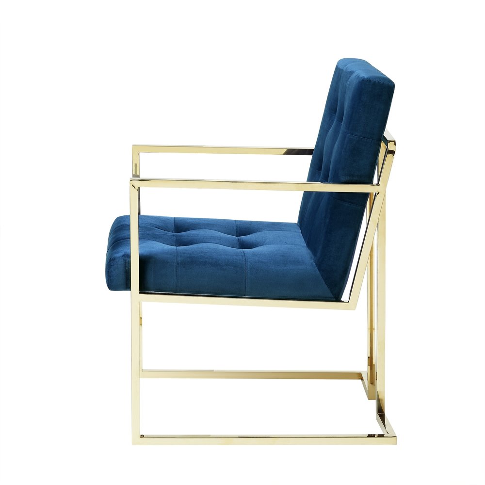 Set of Two Tufted Navy Blue and Gold Upholstered Velvet Dining Arm Chairs — view 8