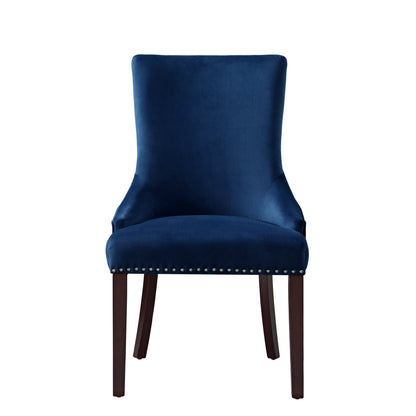 Set of Two Tufted Navy Blue and Espresso Upholstered Velvet Dining Side Chairs