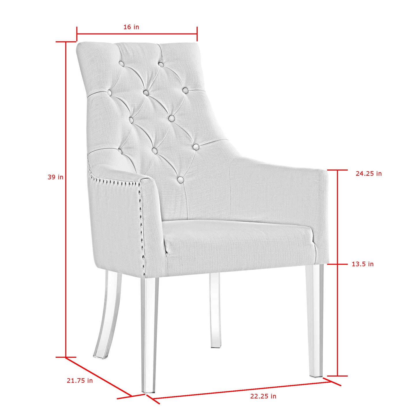 Set of Two Tufted Cream and Clear Upholstered Linen Dining Arm Chairs