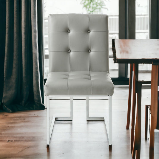 Set of Two Tufted Light Gray and Silver Metallic Upholstered Faux Leather Dining Side Chairs