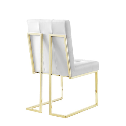 Set of Two Tufted White and Gold Upholstered Faux Leather Dining Side Chairs