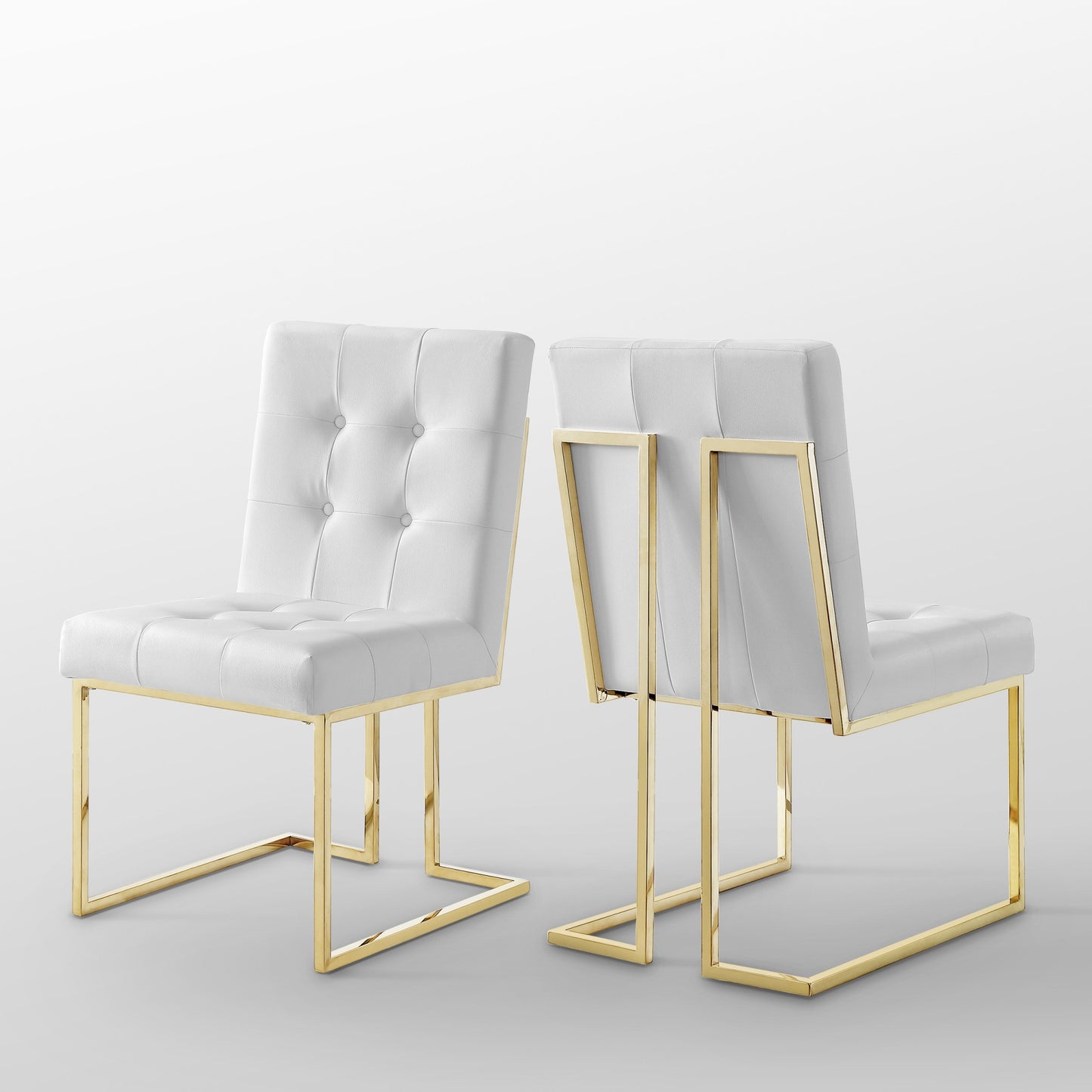 Set of Two Tufted White and Gold Upholstered Faux Leather Dining Side Chairs
