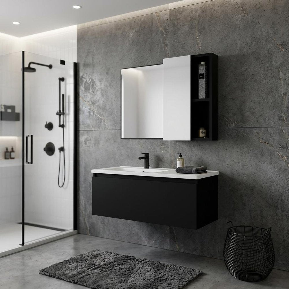 18" Black Wood Floating Single Door Bathroom Vanity And Medicine Cabinet — view 9