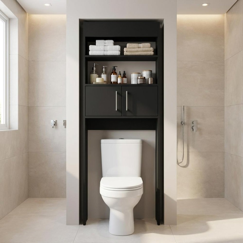 25" Black Wood Recessed Double Door Over-the-Toilet Storage — view 4