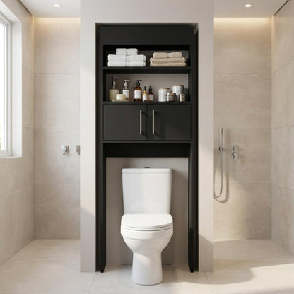 25" Black Wood Recessed Double Door Over-the-Toilet Storage