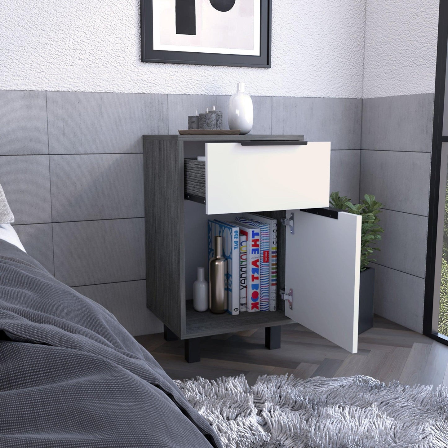 28" Gray One Drawer Faux Wood Nightstand With Storage - FurniFindUSA