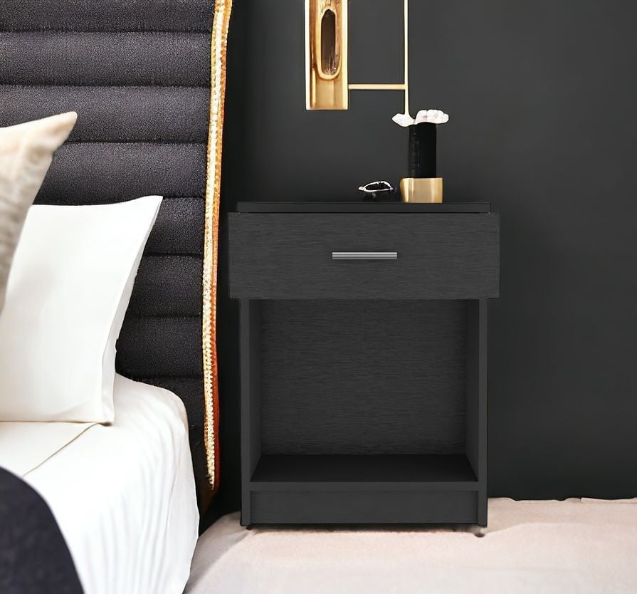 22" Black One Drawer Faux Wood Nightstand