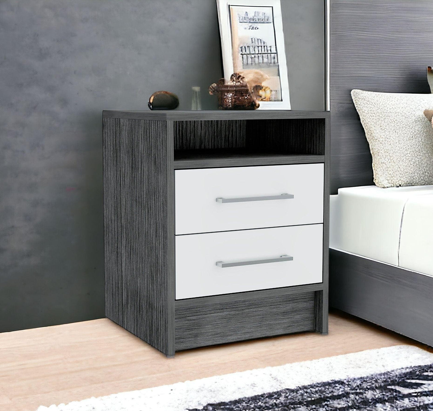 20" Gray Two Drawer Faux Wood Nightstand - FurniFindUSA