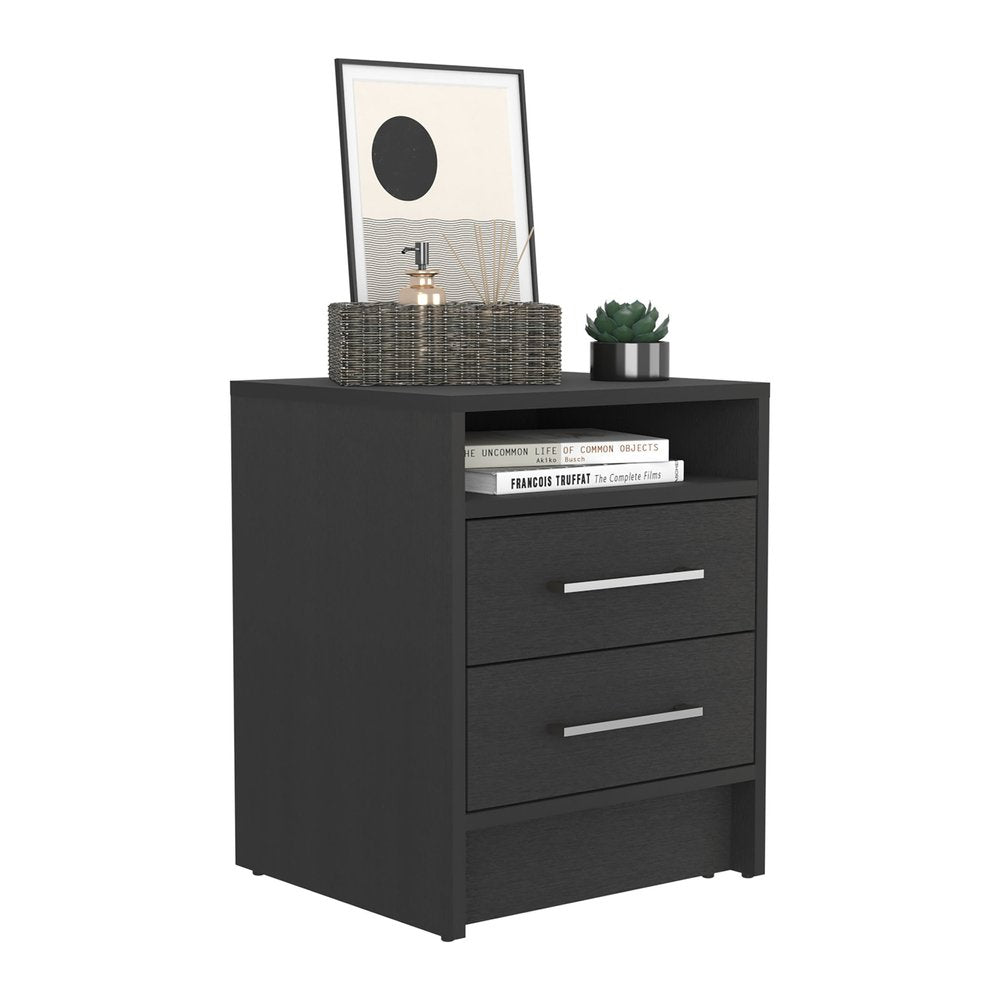 20" Black Two Drawer Faux Wood Nightstand — view 3