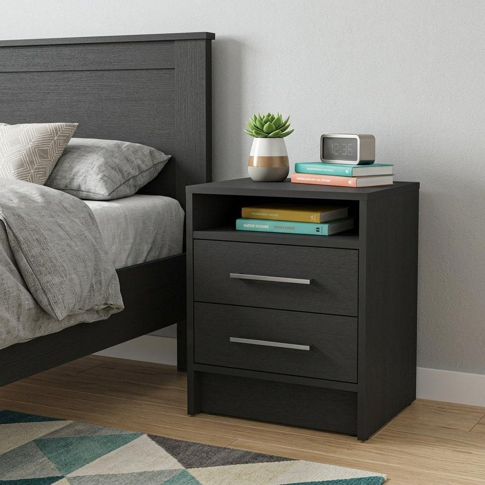 20" Black Two Drawer Faux Wood Nightstand — view 8