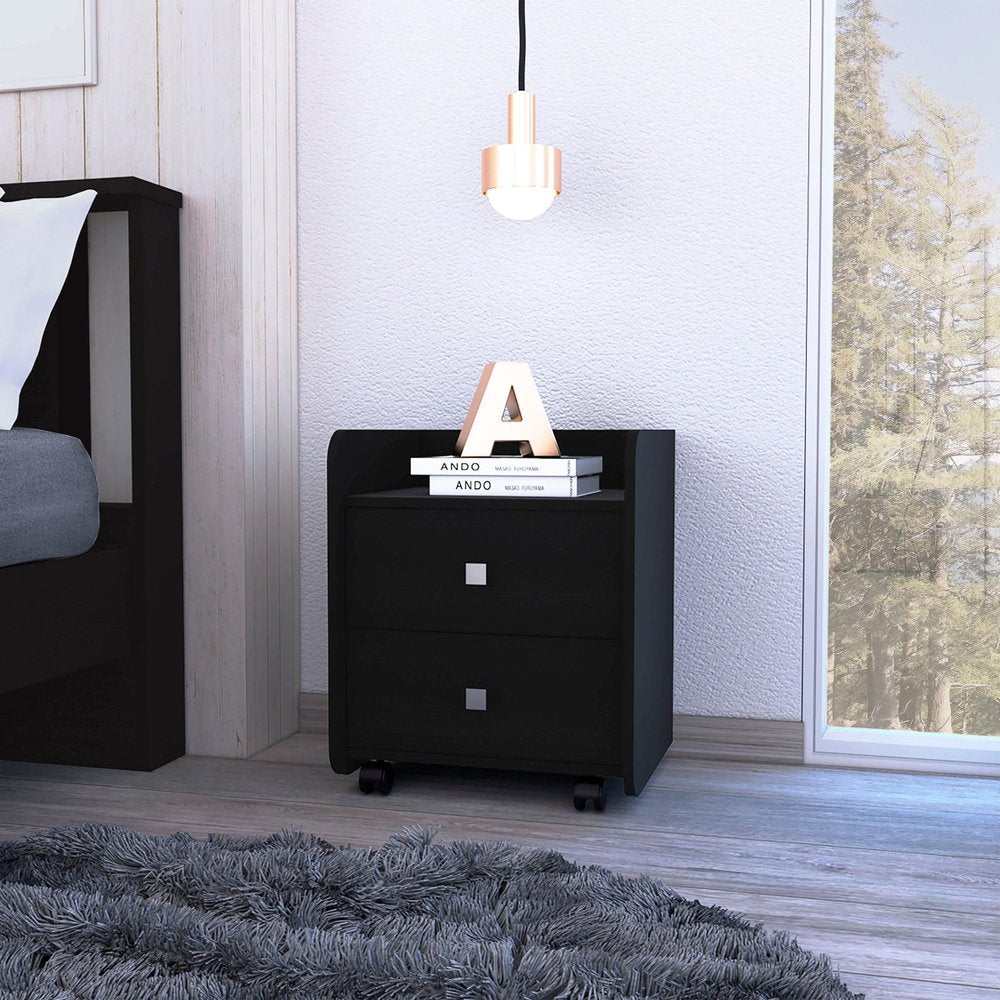 22" Black Wood Two Drawer Nightstand HomeRoots